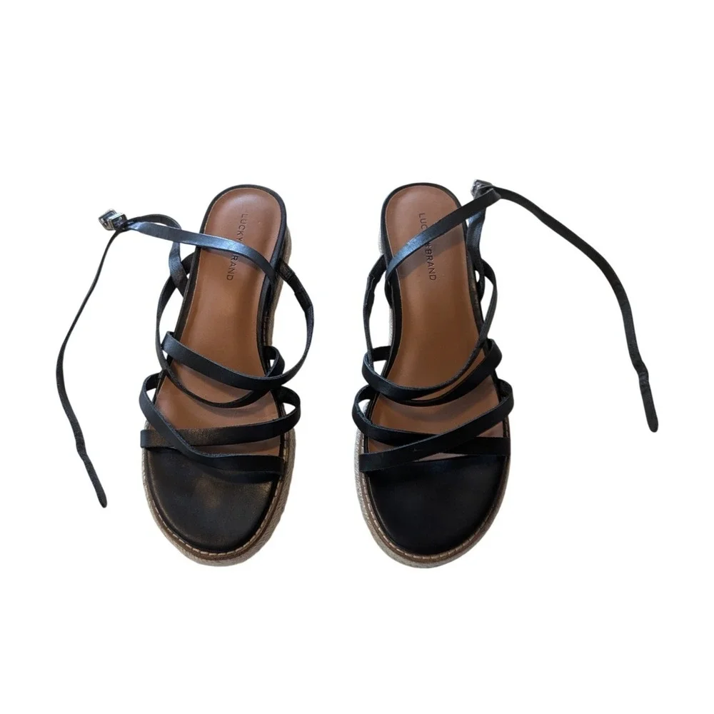 Lucky Brand Black Strappy Wedge Espadrille Sandals Women Platform Gladiator